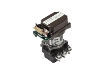 Electronic circuit breaker with connector and labels.
