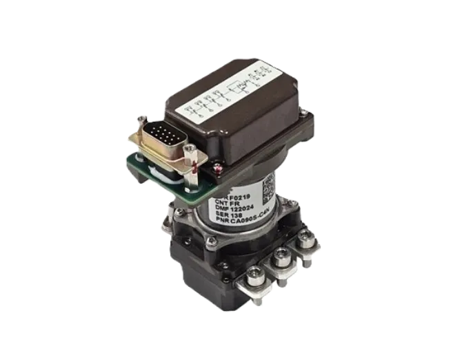 Electronic circuit breaker with connector and labels.