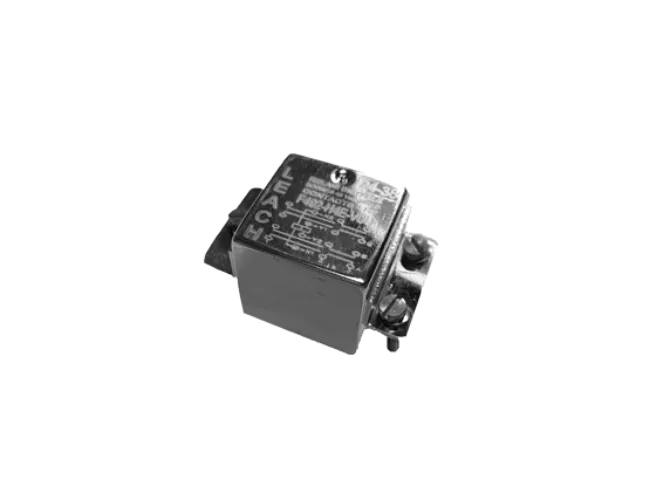 Black relay switch with labelled connections.