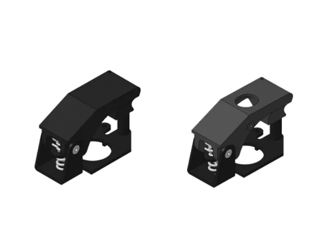 Black metal brackets with springs and holes.