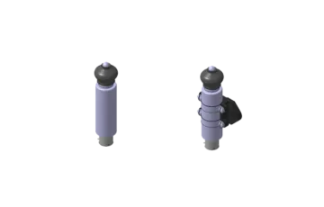Two grey industrial shock absorbers with mounting brackets