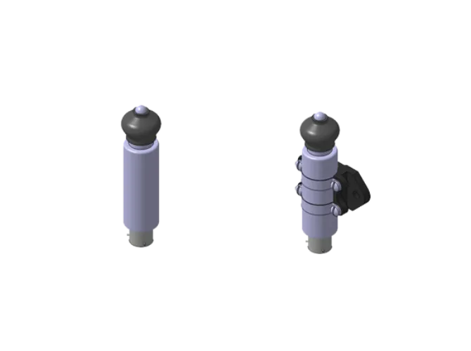 Two grey industrial shock absorbers with mounting brackets