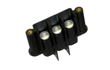 Three-pin electrical connector, black with silver contacts.
