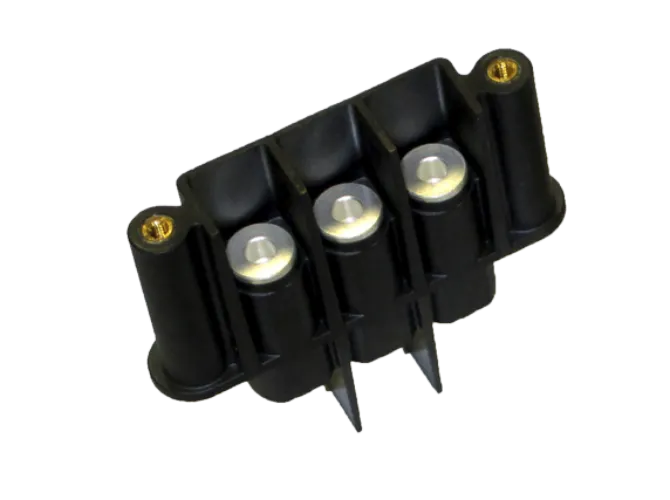 Three-pin electrical connector, black with silver contacts.