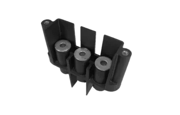 Black plastic holder with three metal cylinders.