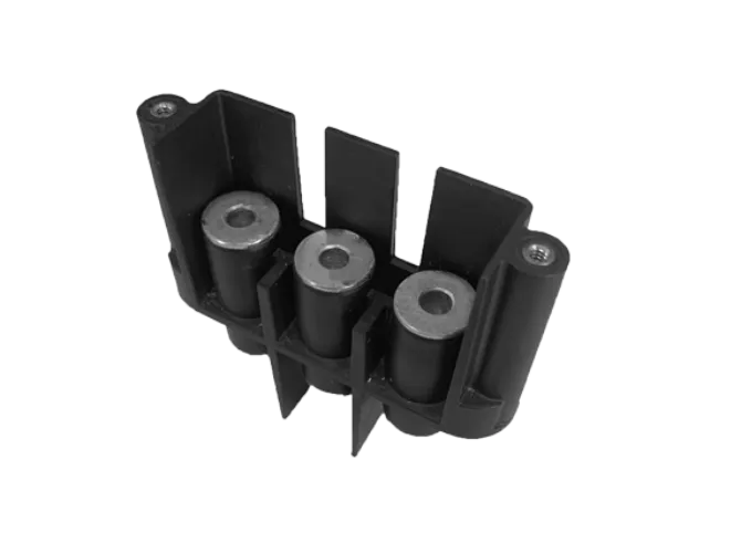 Black plastic holder with three metal cylinders.
