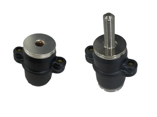 Rod end bearings, metal and black, two views